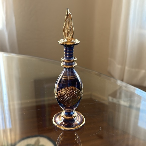 Egyptian Purple and Gold Glass Perfume Bottle with Stopper - Picture 5 of 7